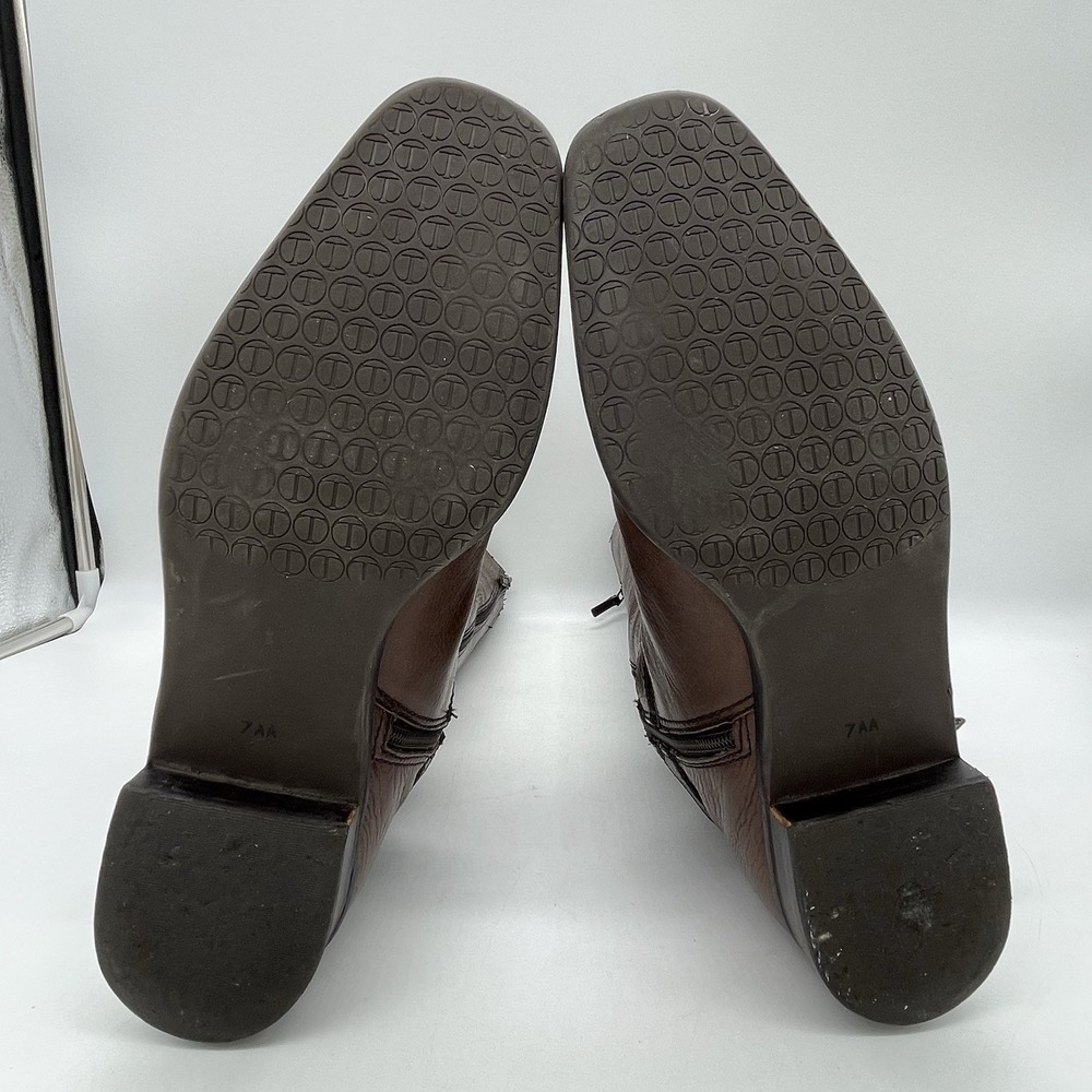 Talbots Womens 7AA Riding Boots Tall Brown Pebbled Leather Gold Buckle Full Zip - Picture 5 of 16